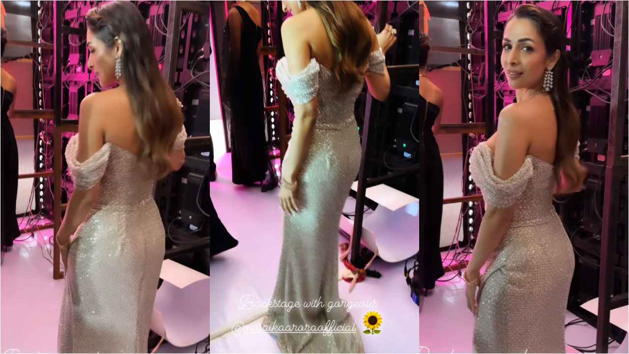 Malaika Arora shimmers in glittery off-shoulder gown and it can be your next pick for a cocktail party (PC: Meghna Butani Instagram)