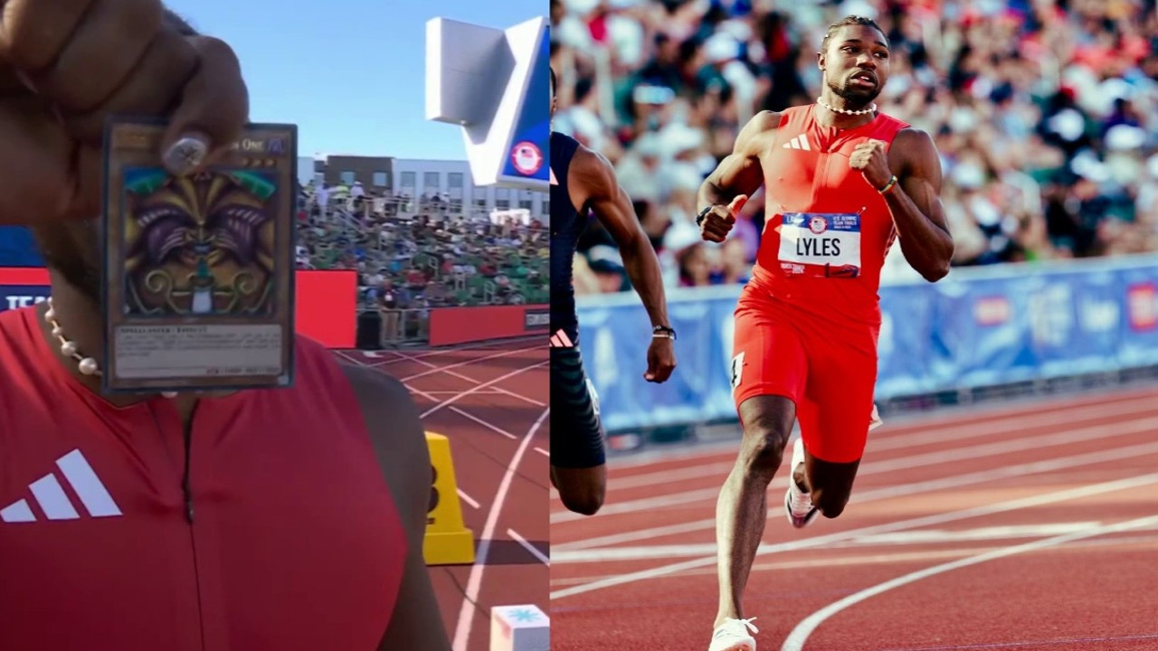 WATCH: Noah Lyles Pulls Out Blue-Eyes White Dragon Yu-Gi-Oh! Card For His 100M Intro At U.S. Olympic Trials