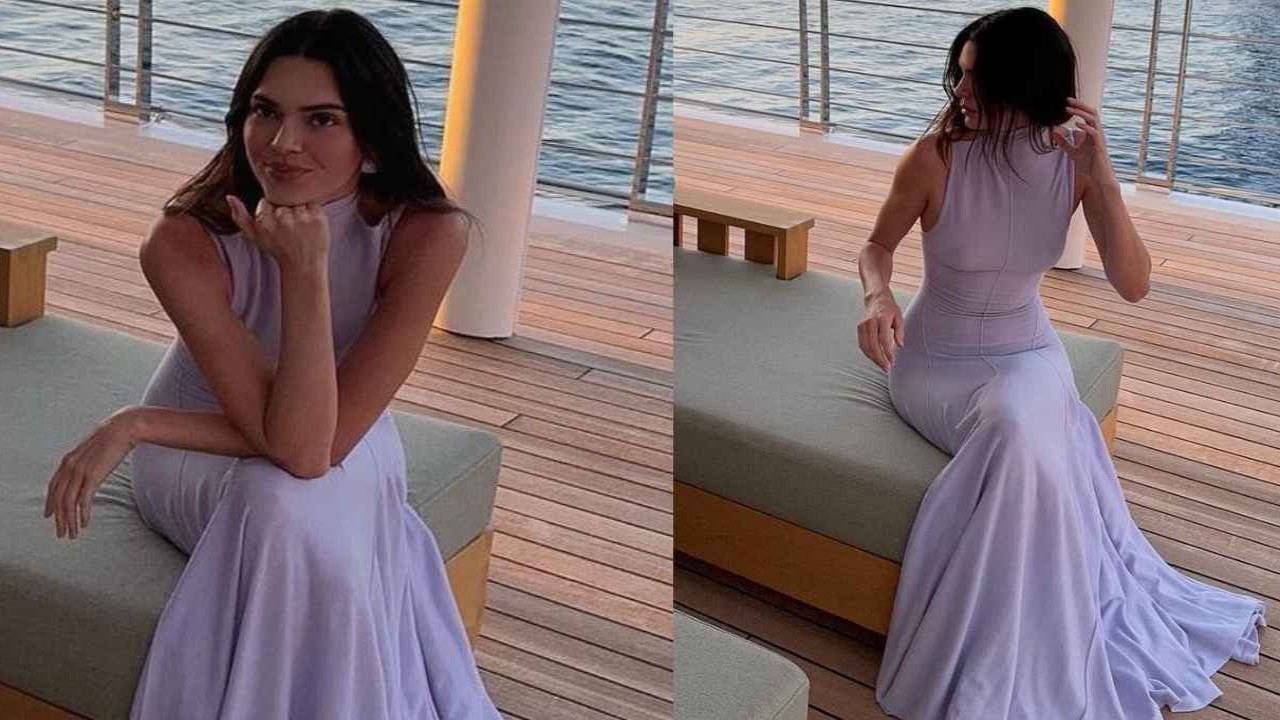 Kendall Jenner, lavender Dress, vacation wear, long dress, gown, Getty, Style, Fashion