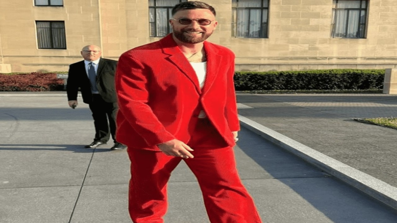 Watch: Travis Kelce Looks Dapper Wearing Eye-Catching Outfit in Viral Video Ahead of Super Bowl Ring Ceremony