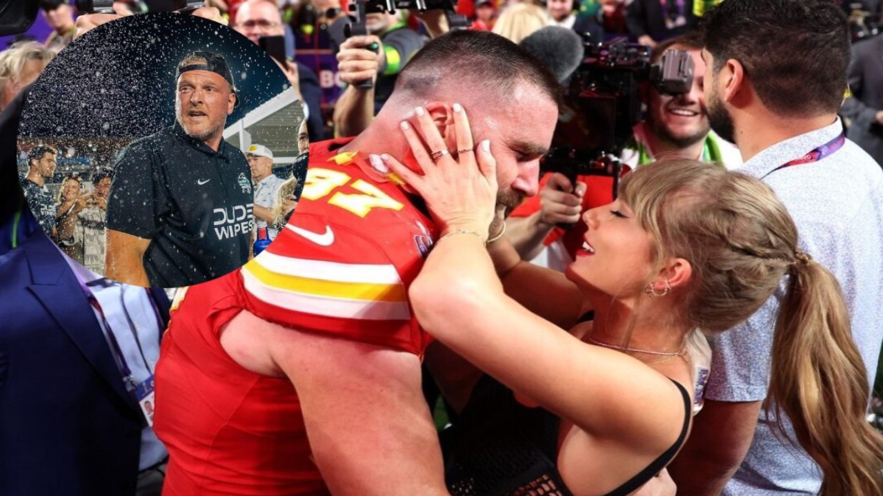 Pat McAfee Weighs In on Travis Kelce Taylor Swift Romance After Singer Joins Chiefs Super Bowl Ceremony From Liverpool