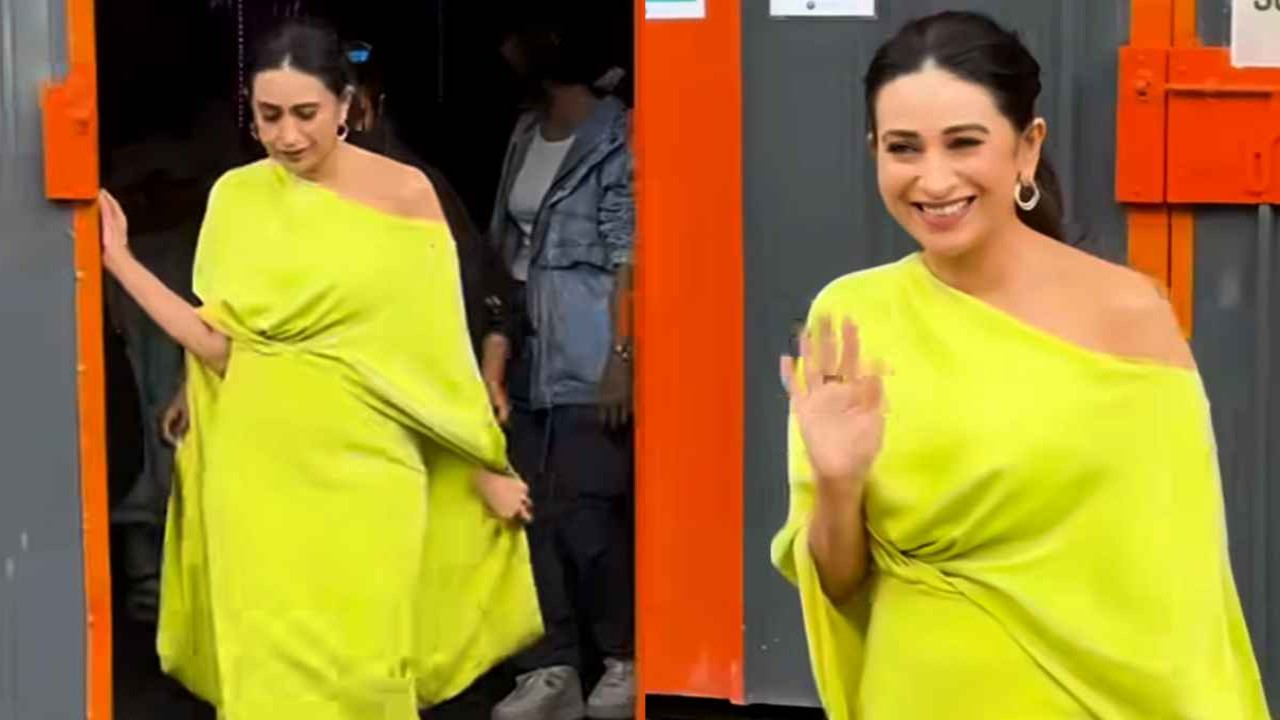 Karisma Kapoor, gown, neon, neon colors, acid lime, safiyaa, caped own, long dress, elegant gown, Bollywood, style, fashion