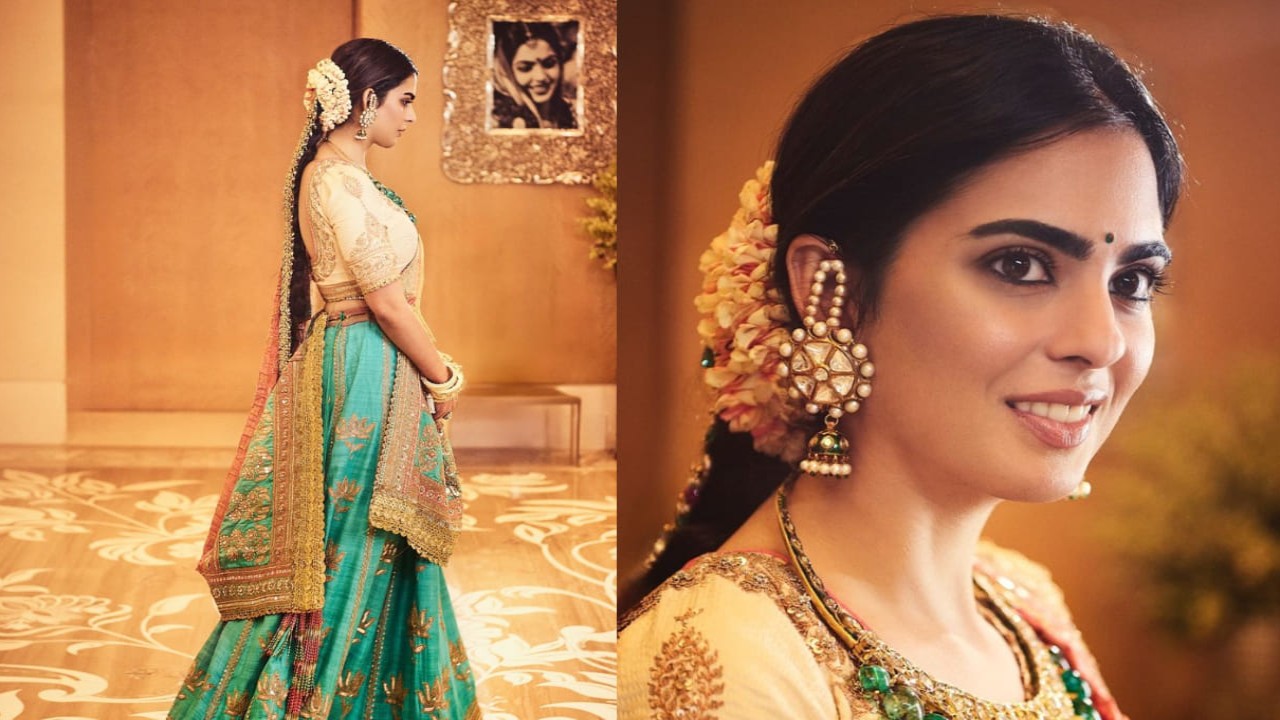Isha Ambani's green and pink half-saree for Anant Ambani and Radhika Merchant’s pre-wedding festivities looks like it came straight from a royal closet
