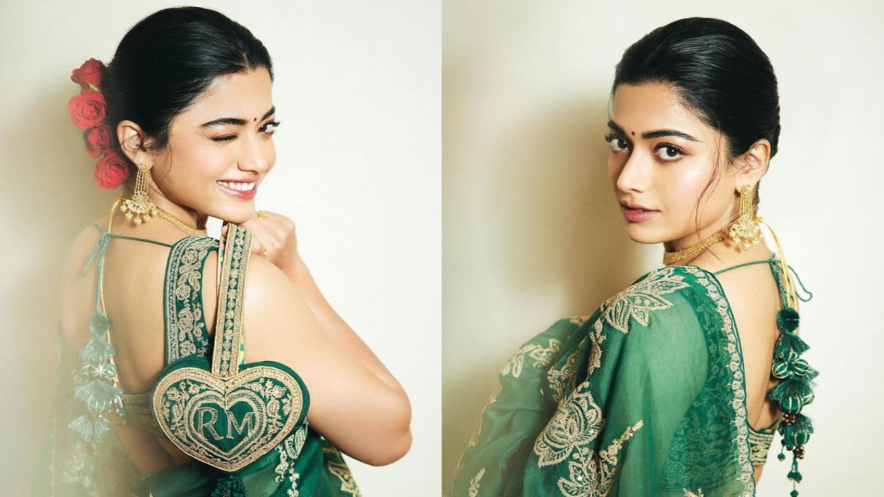  Rashmika Mandanna wears green saree organza saree with strappy blouse (PC:  Rashmika Mandanna Instagram)