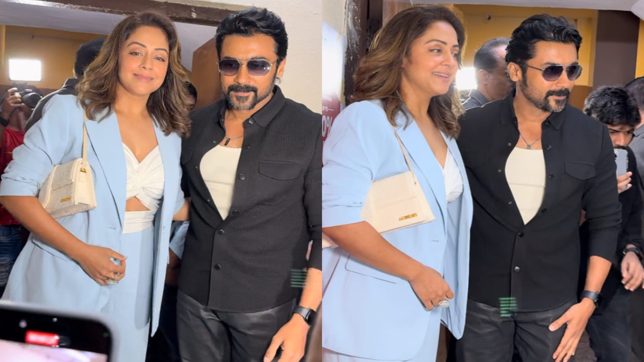 Jyothika’s powder blue pantsuit strikes perfect balance of sass and class, complemented by her statement white Jacquemus bag