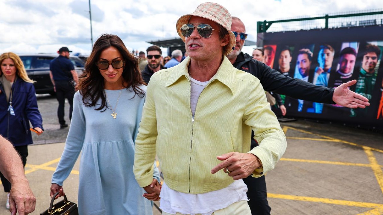 Brad Pitt attends the British Grand Prix with girlfriend Ines de Ramon.