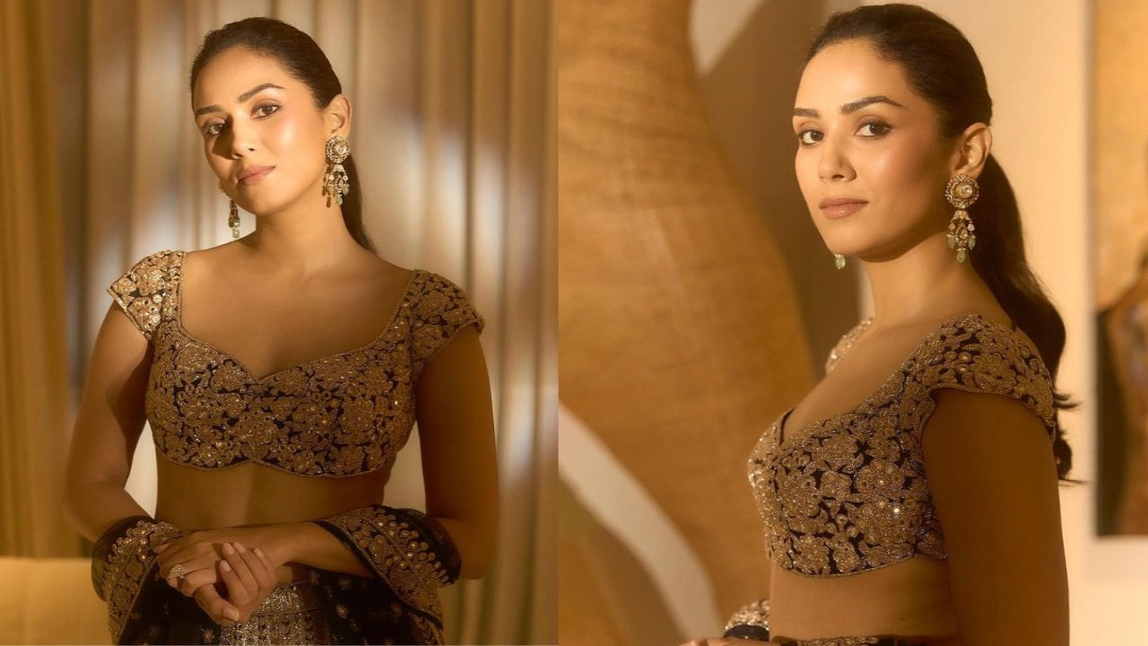 Mira Rajput stuns in Arpita Mehta black and rose gold embroidered lehenga at Anant Amba...