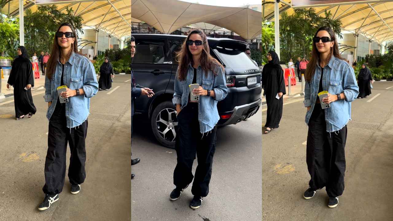 Triptii Dimri blends cool with casual to serve an edgy oversized denim jacket airport look with black cargo pants (PC: Varinder Chawla)