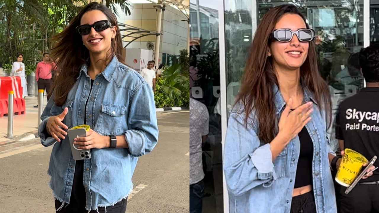 Triptii Dimri blends cool with casual to serve an edgy oversized denim jacket airport look with black cargo pants (PC: Varinder Chawla)