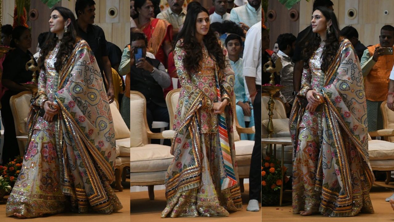 Shloka Mehta Ambani serves a regal look (Credit: Viral Bhayani)