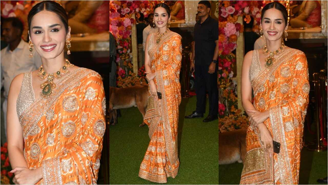 Manushi Chhillar's wedding guest style in orange bandhani saree is bright and beautiful (PC: Viral Bhayani)