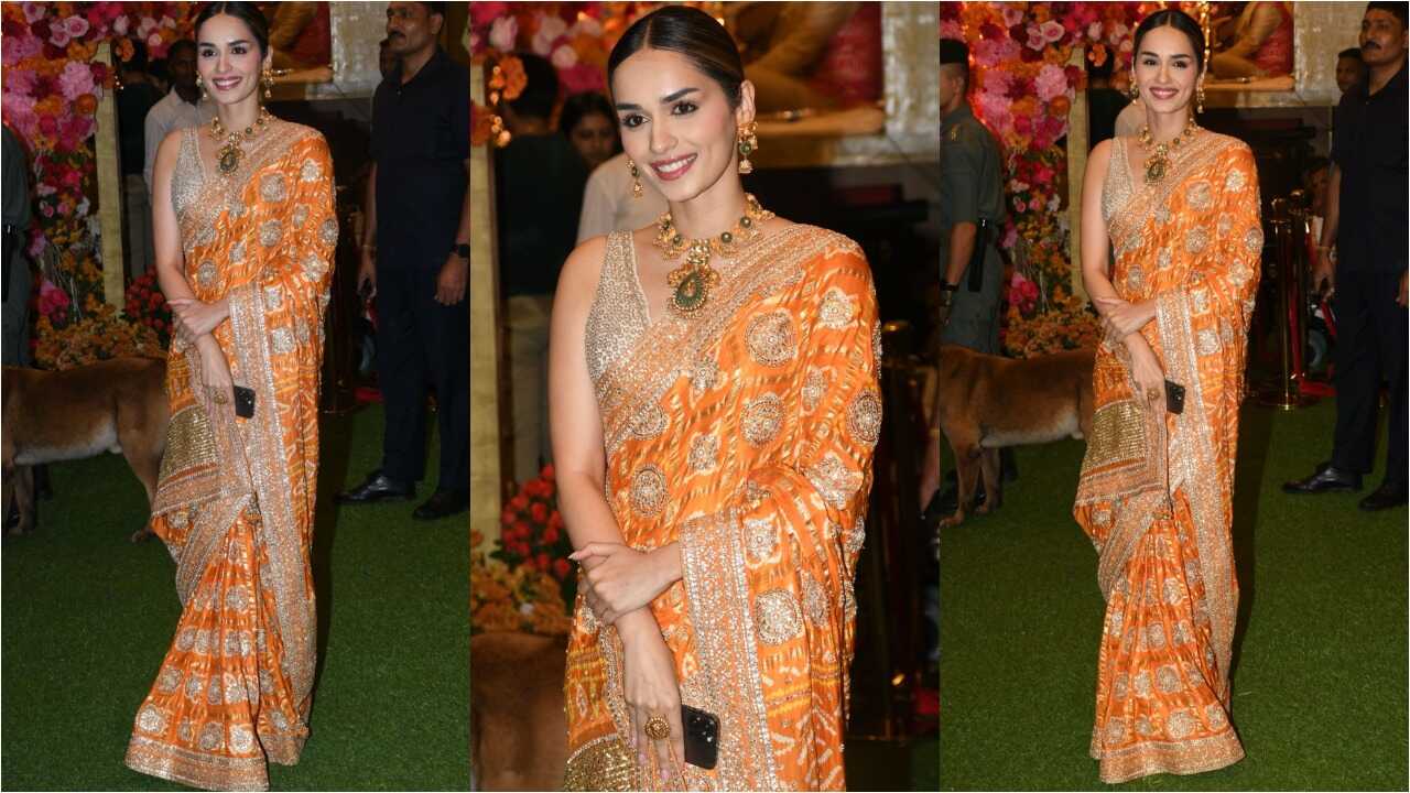 Manushi Chhillar's wedding guest style in orange bandhani saree is bright and beautiful (PC: Viral Bhayani)