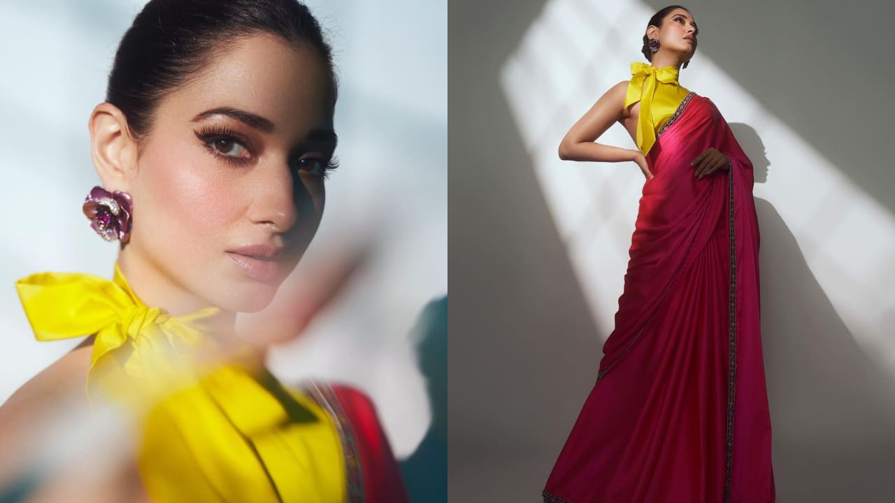 Tamannaah Bhatia in yellow and pink saree 