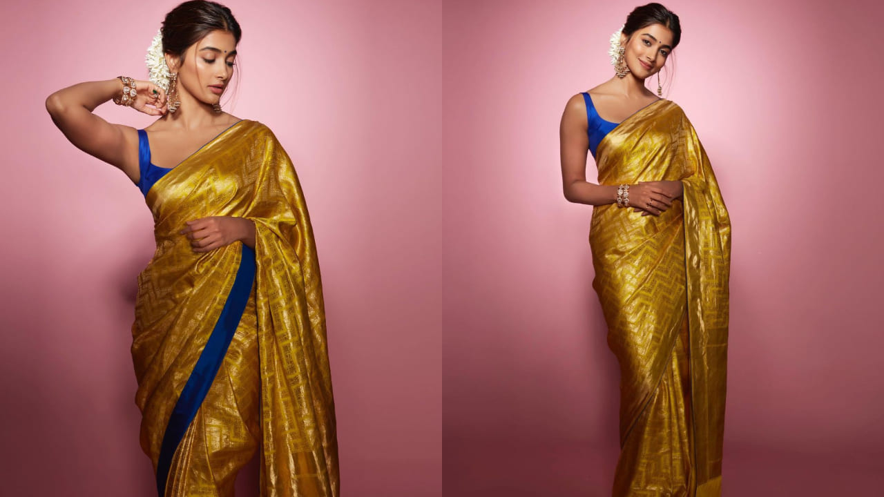 Pooja Hegde in blue and golden saree 