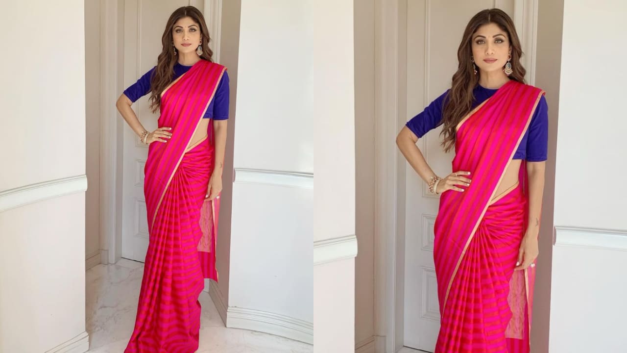 Shilpa Shetty in blue and pink saree 