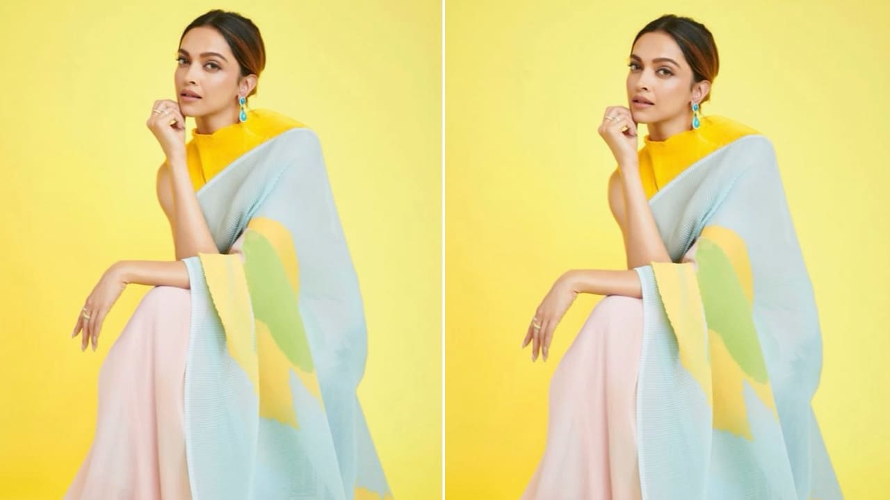 Deepika Padukone in blue and yellow saree 