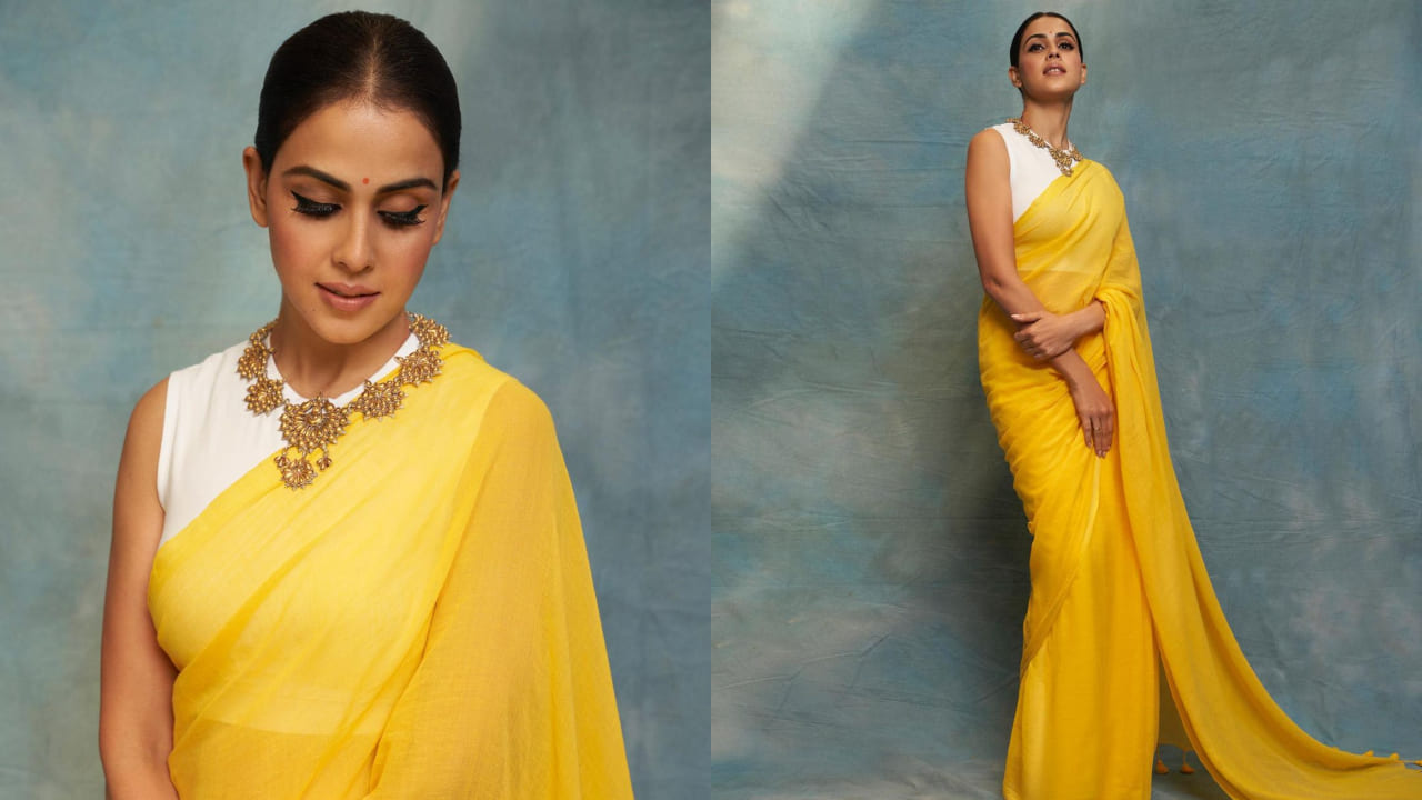 Genelia D'souza in yellow and white saree 