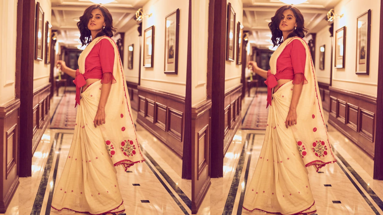 Taapsee Pannu in red and white saree 