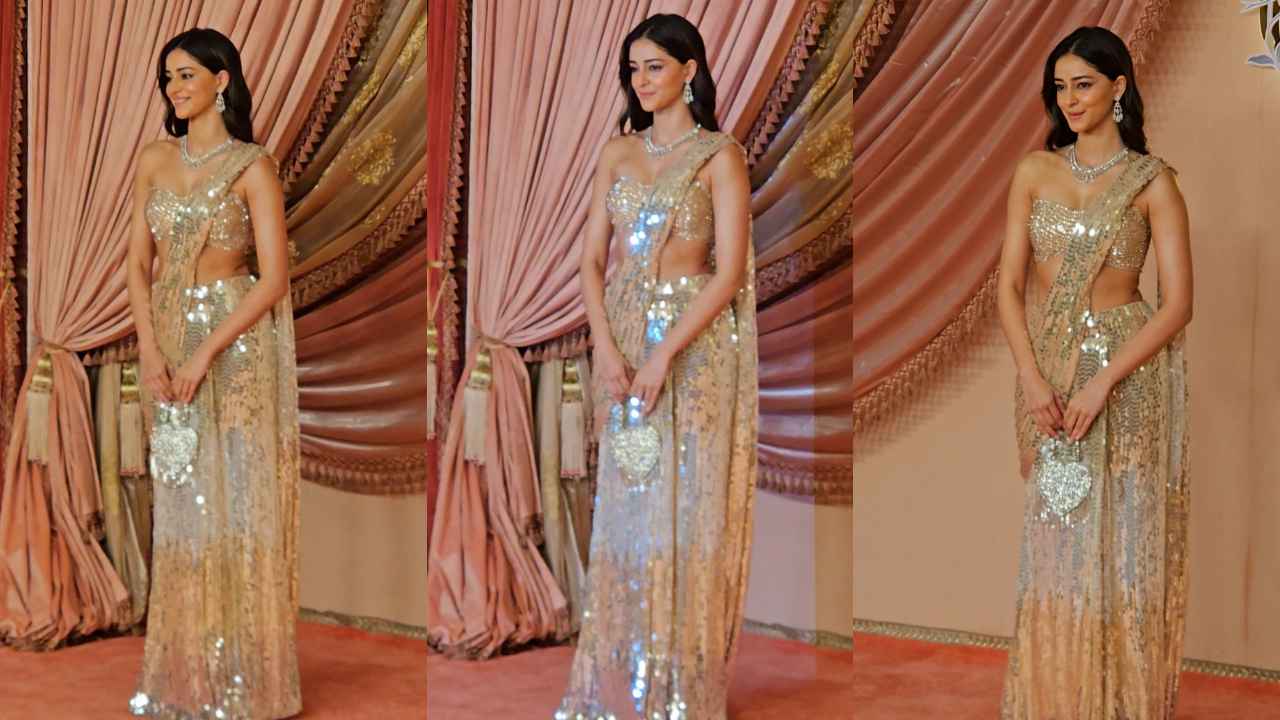 Anant Ambani-Radhika sangeet: Ananya Panday shines in MM saree but heart purse steals spotlight (PC: Viral Bhayani, Varinder Chawla)