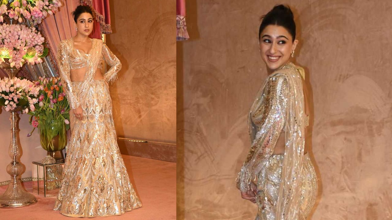 Sara Ali Khan dazzles in a champagne and gold outfit(Credit: Viral Bhayani)