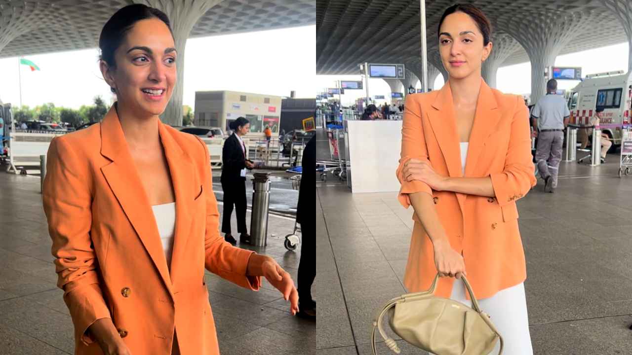 Kiara Advani flaunts her morning glow in off-duty airport look with orange blazer, white pants, and high-end Loewe bag (PC: Varinder Chawla)