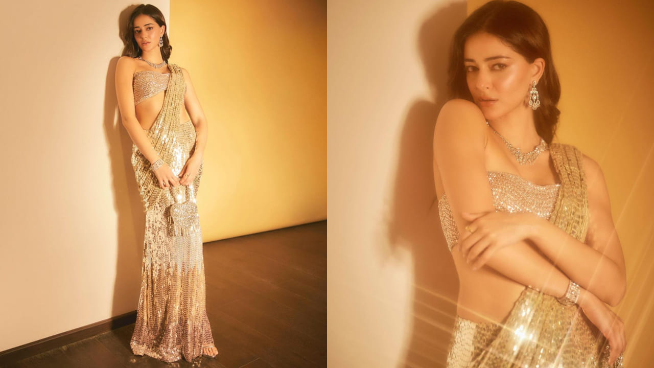 Ananya Panday in golden sequin saree 