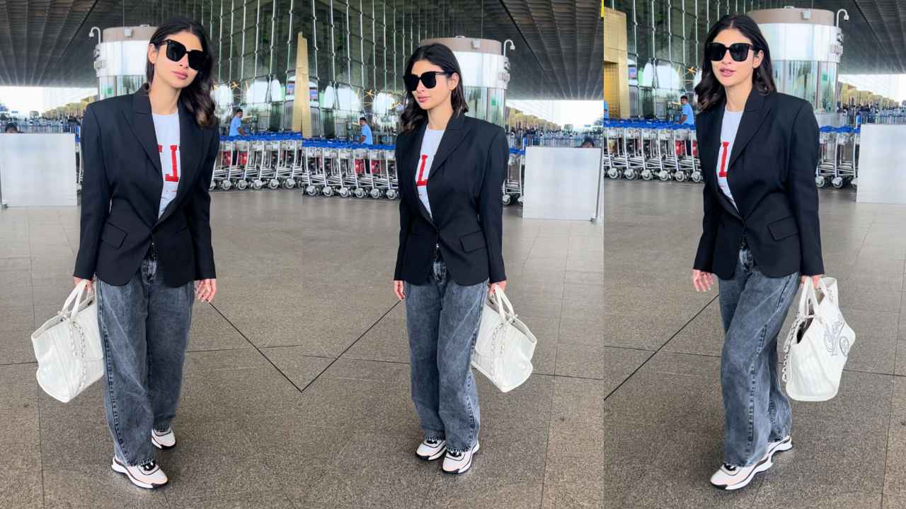 Mouni Roy makes a case for understated elegance in airport fit with black blazer, baggy jeans, and sneakers (PC: Varinder Chawla)