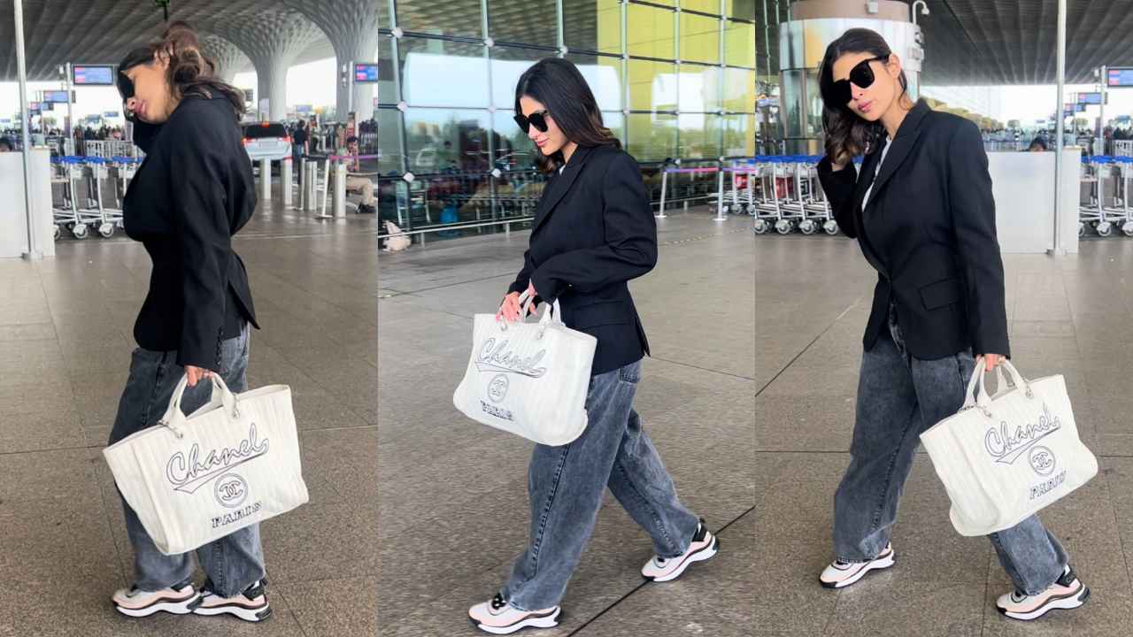 Mouni Roy makes a case for understated elegance in airport fit with black blazer, baggy jeans, and sneakers (PC: Varinder Chawla)