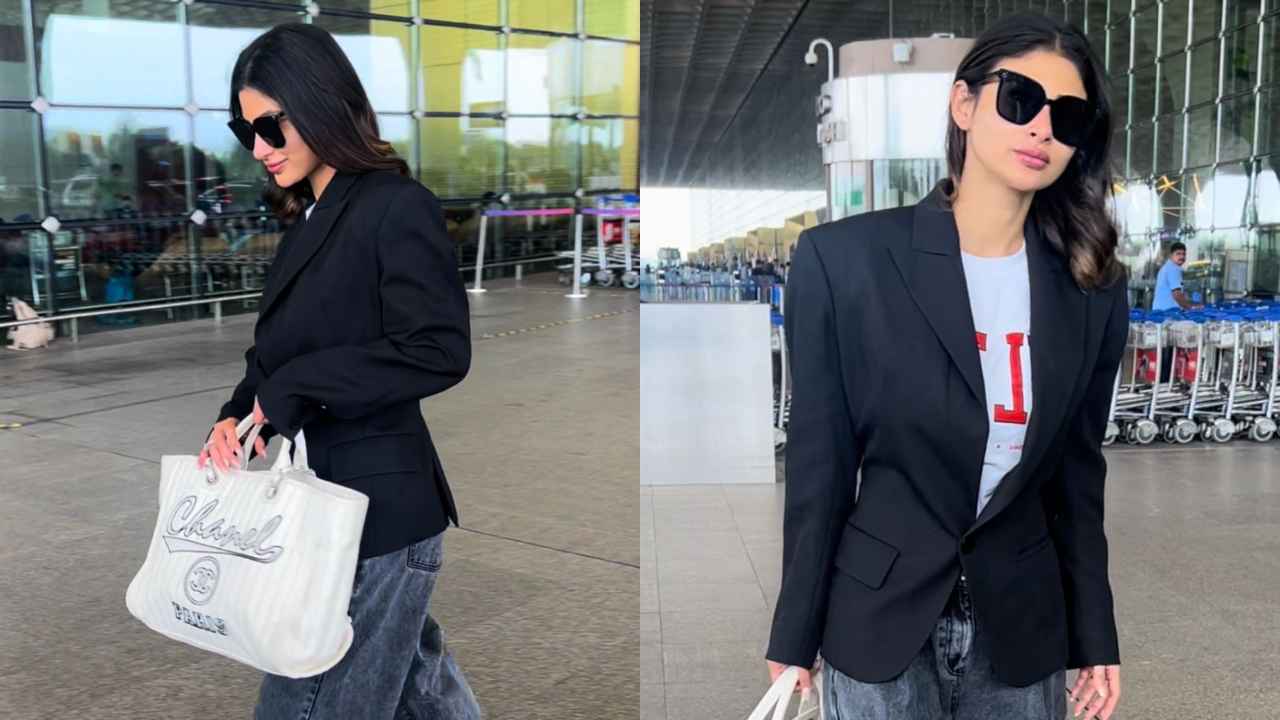 Mouni Roy makes a case for understated elegance in airport fit with black blazer, baggy jeans, and sneakers (PC: Varinder Chawla)