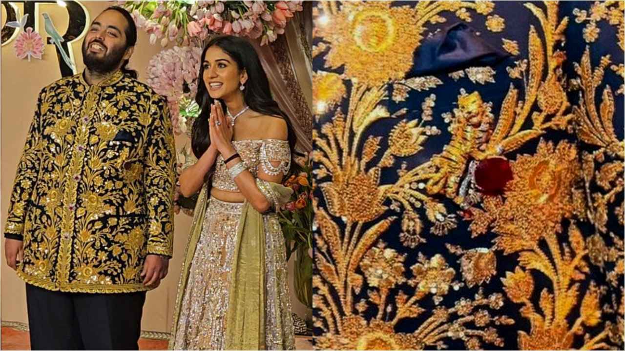 Did you notice Anant Ambani's Tiger broach in ruby and diamond with Abu Jani and Sandeep Khosla outfit in REAL GOLD? (PC: Viral Bhayani)