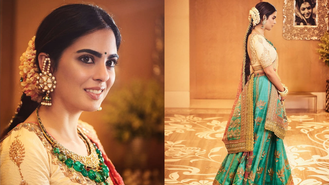 Isha Ambani in green and pink lehenga