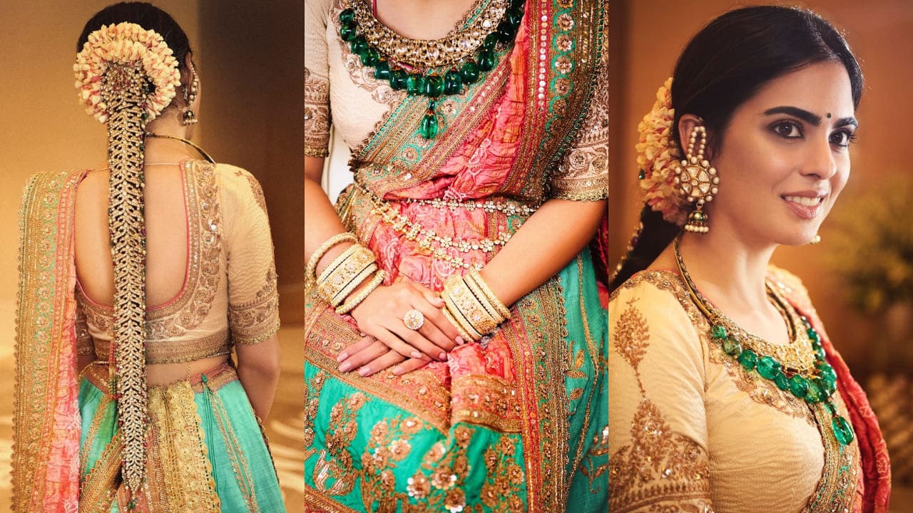 Isha Ambani in green and pink lehenga