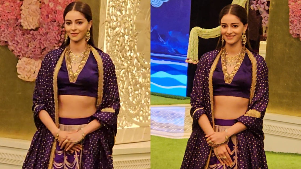 Ananya Panday in purple and golden wedding lehenga