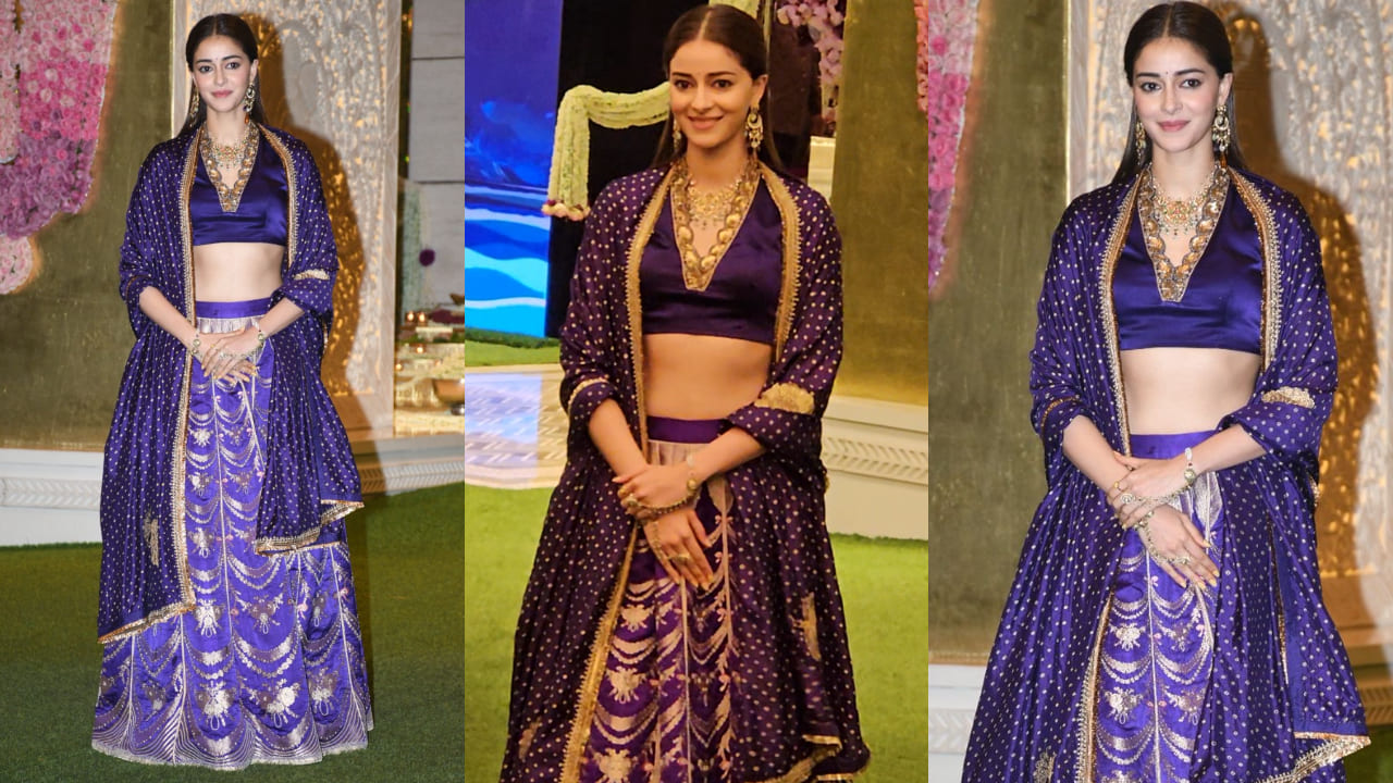 Ananya Panday in purple and golden wedding lehenga