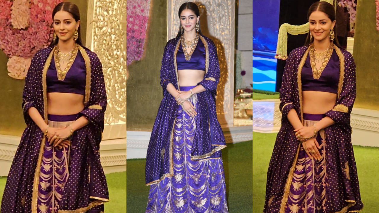 Ananya Panday in purple and golden wedding lehenga