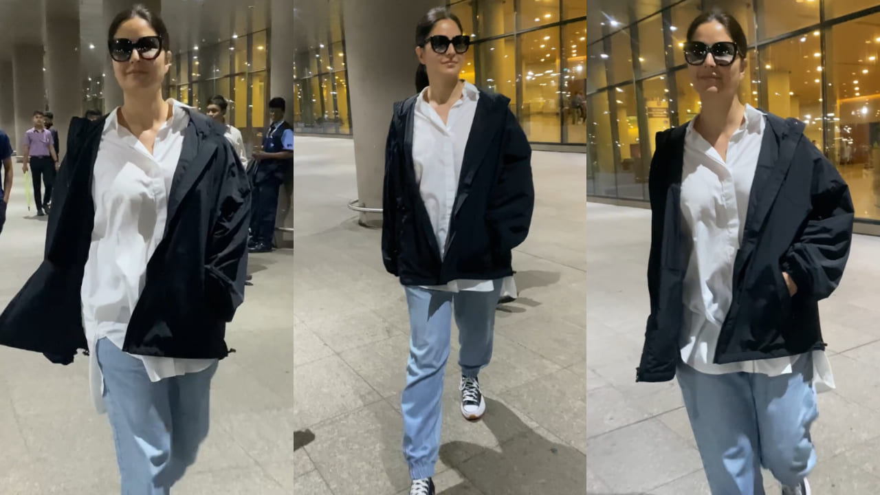 Katrina Kaif with her airport look ft crisp white shirt, black jacket ...