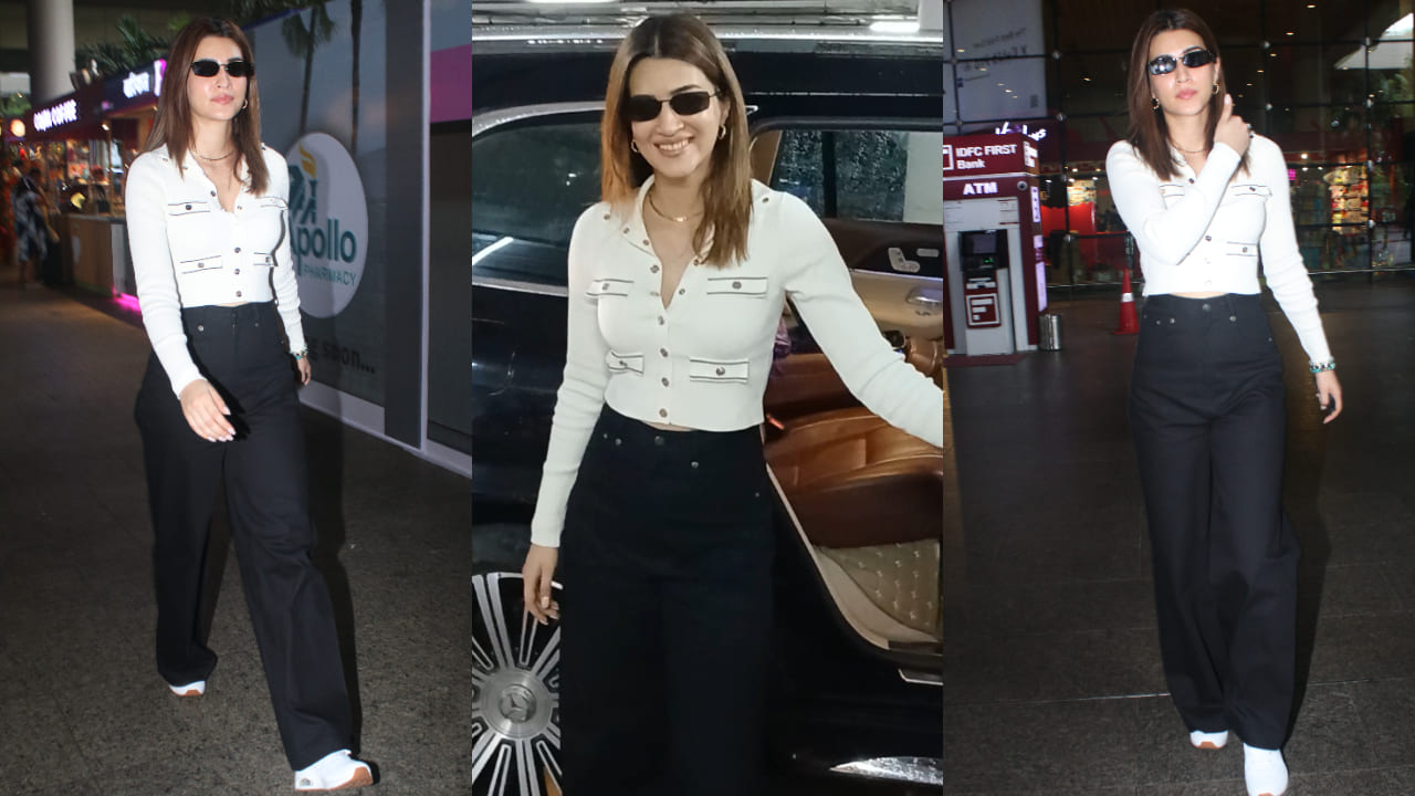 Kriti Sanon in white ribbed knit top and black pants