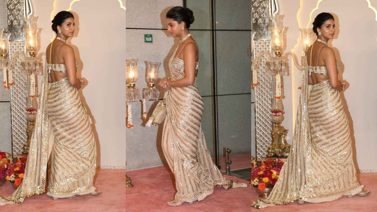 Anant Ambani-Radhika Merchant wedding: Suhana Khan exudes regality by repeating her sparkling gold Manish Malhotra saree (PC: Viral Bhayani)