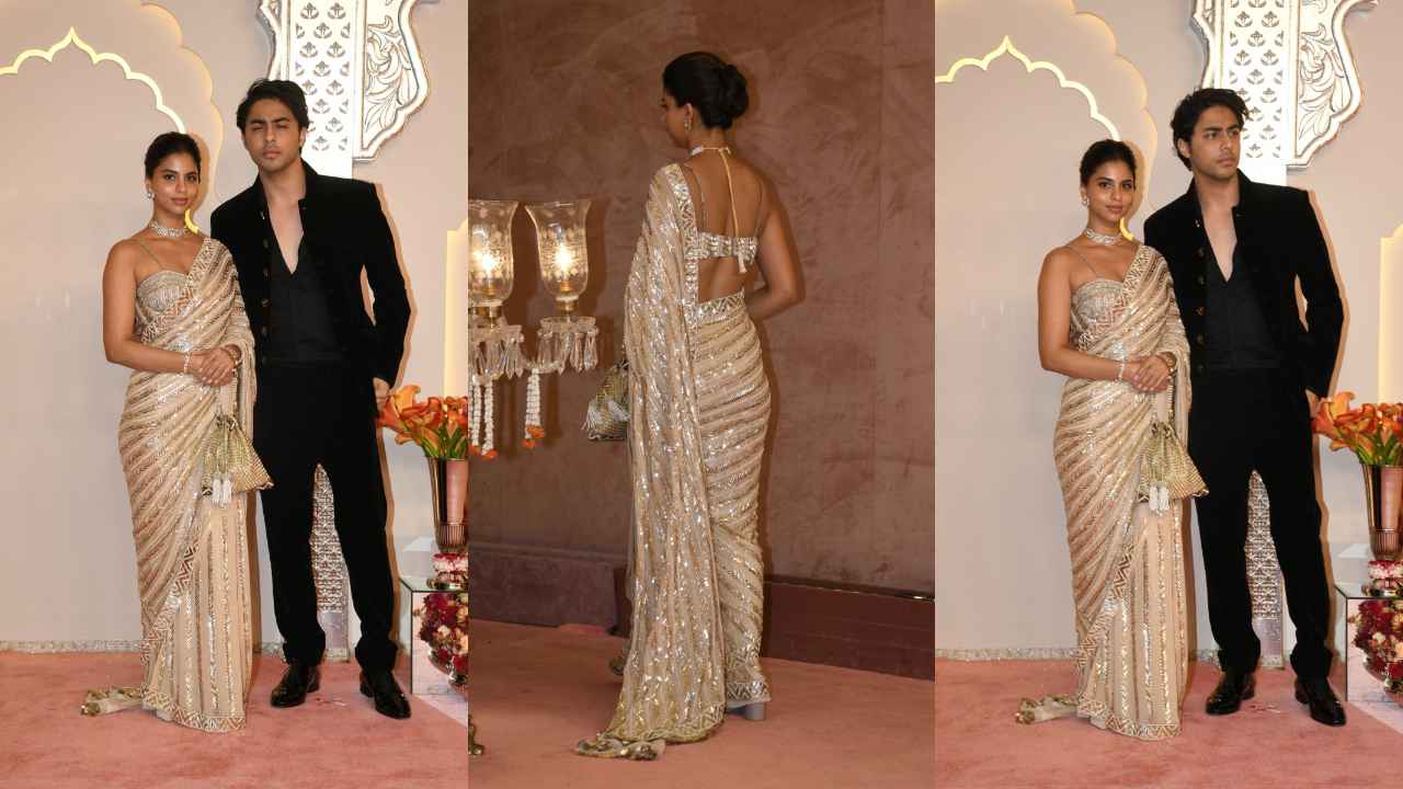 Anant Ambani-Radhika Merchant wedding: Suhana Khan exudes regality by repeating her sparkling gold Manish Malhotra saree (PC: Viral Bhayani)