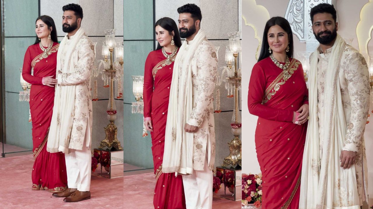 Katrina Kaif and Vicky Kaushal are a regal couple in red and ivory (PC: Viral Bhayani)