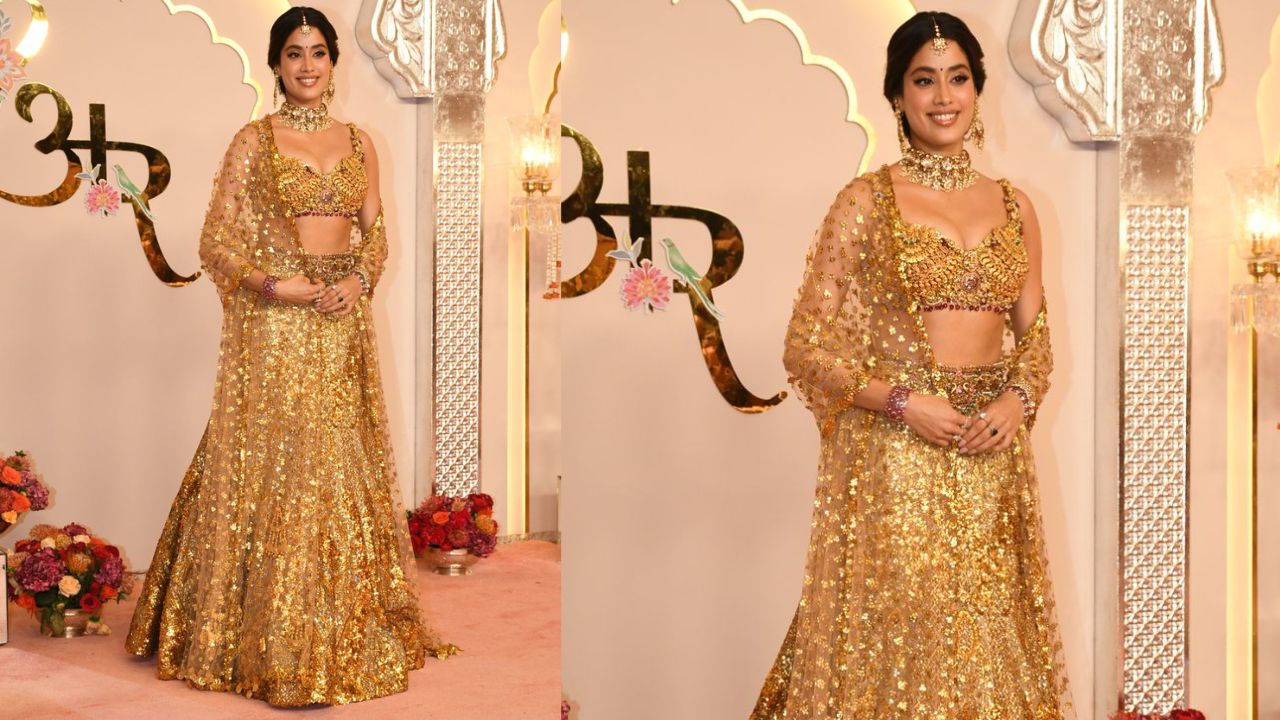 Janhvi Kapoor glows in golden Falguni Shane Peacock lehenga (PC: Viral Bhayani)