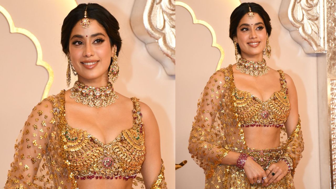 Janhvi Kapoor glows in golden Falguni Shane Peacock lehenga (PC: Viral Bhayani)