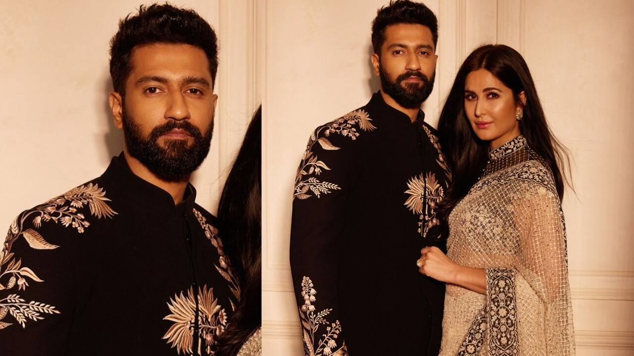 Katrina Kaif's netted saree look and Vicky Kaushal's black and gold sherwani look (PC: Katrina Kaif Instagram)