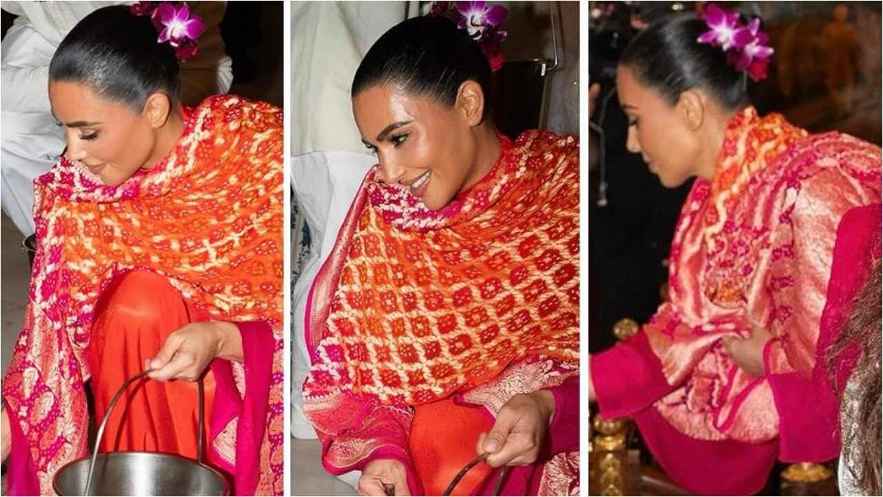 Kim Kardashian pairs red maxi dress with dupatta for temple visit (PC: Kim Kardashian Instagram)