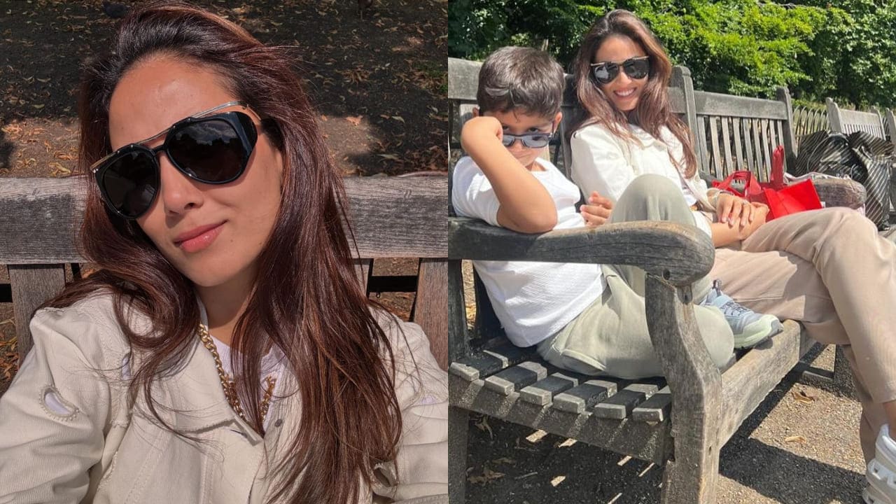 Mira Rajput in white jacket and taupe trouser 