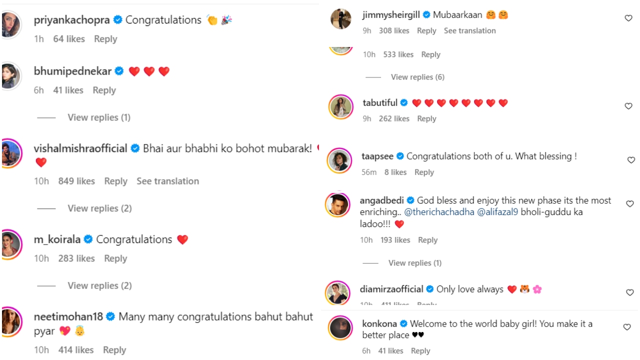 Priyanka Chopra, Taapsee Pannu, Manisha Koirala, and more extend wishes to Richa Chadha-Ali Fazal as they welcome baby girl