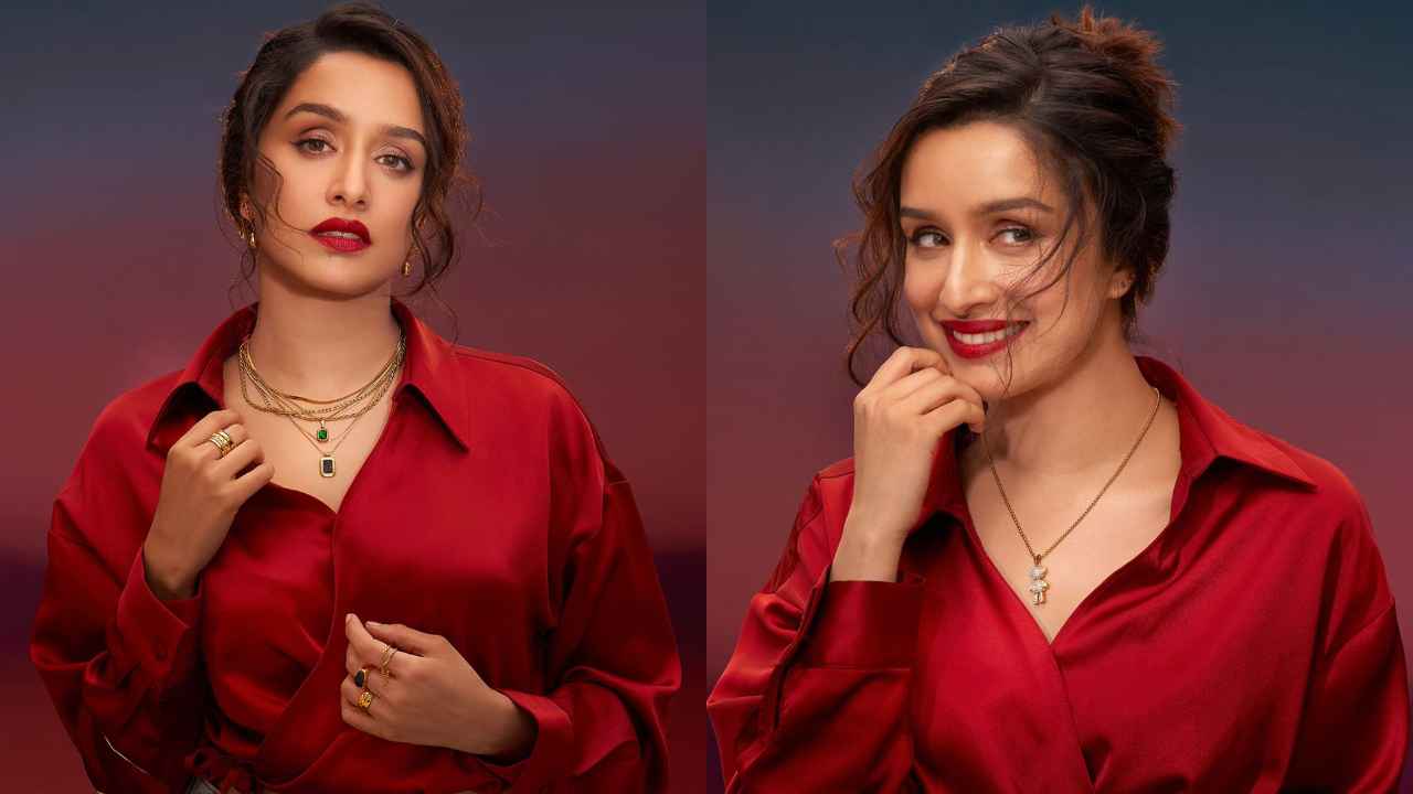 Shraddha Kapoor serves us Red Notice in her crimson wrap-up style shirt with statement accessories (PC: Shraddha Kapoor Instagram)