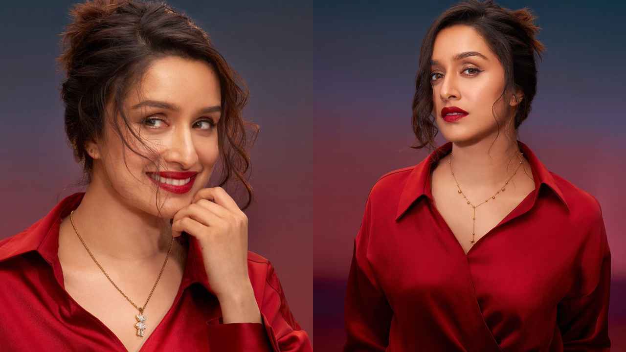 Shraddha Kapoor serves us Red Notice in her crimson wrap-up style shirt with statement accessories (PC: Shraddha Kapoor Instagram)