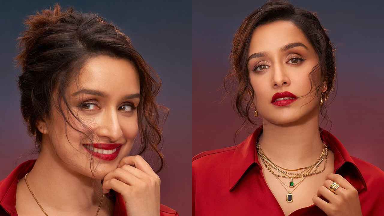 Shraddha Kapoor serves us Red Notice in her crimson wrap-up style shirt with statement accessories (PC: Shraddha Kapoor Instagram)