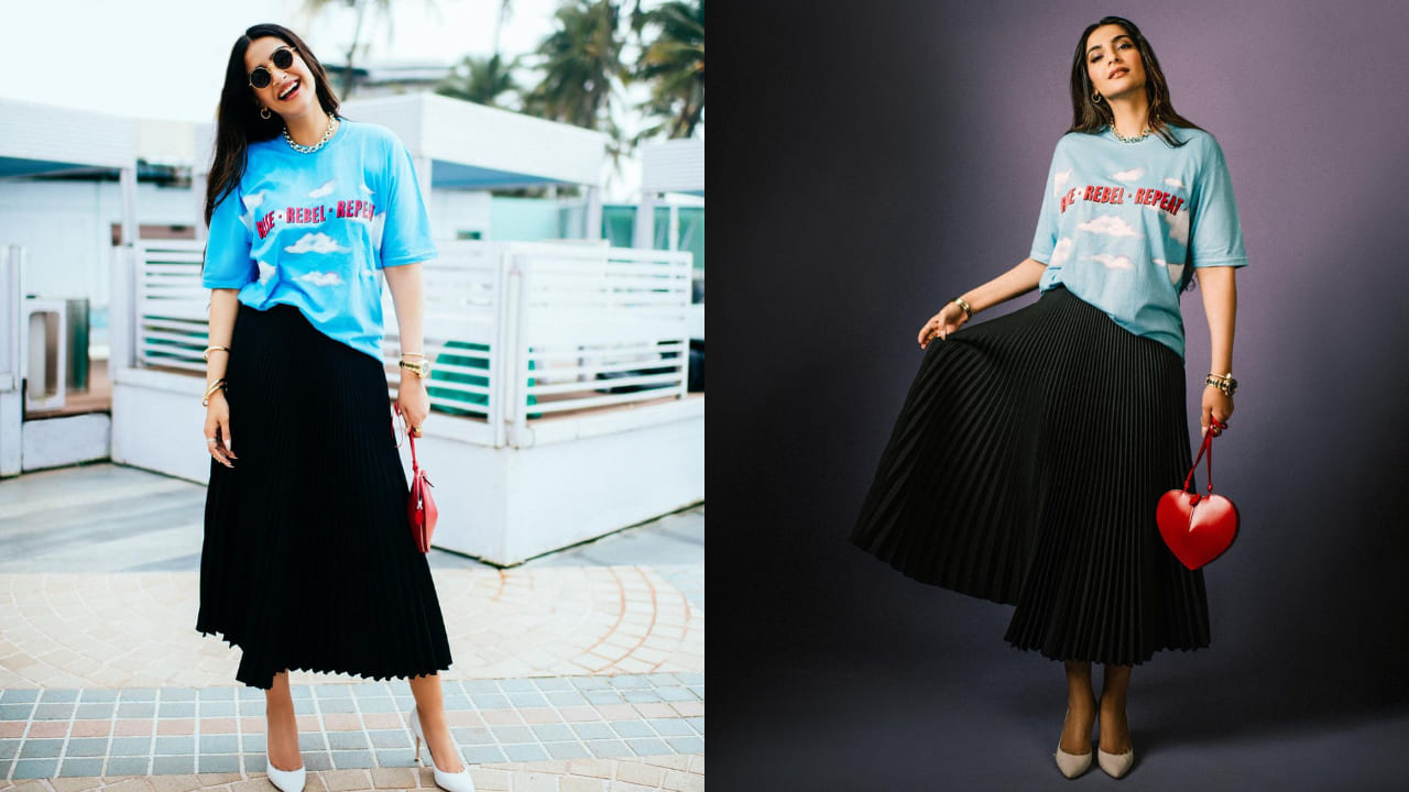 Sonam Kapoor in t-shirt and black pleated skirt 